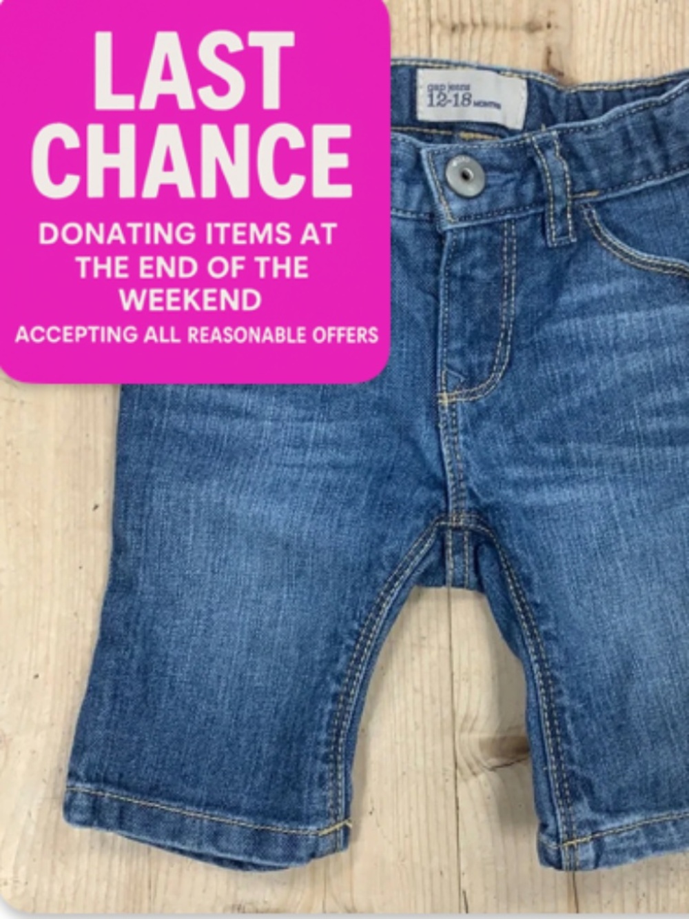Baby Gap Blue Jeans Size 12-18 Month- Unisex- Adjustable Waist- capris/shorts